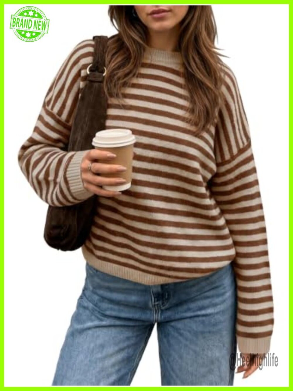 Women's Oversized Striped Knit Sweater Crew Neck Pullover Lantern Sleeve